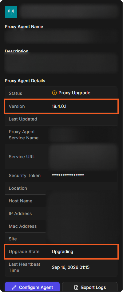 Proxy Agent Details for an agent that is upgrading, with its Version and Upgrade State