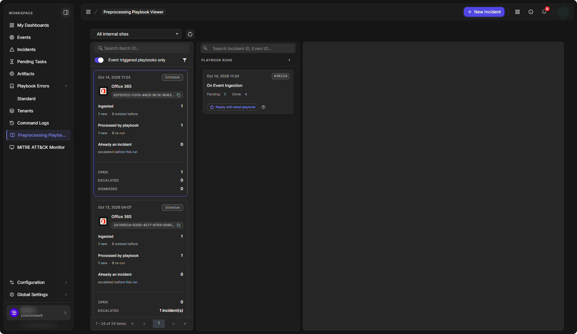 The Preprocessing Playbook Viewer with the site list, the batch cards on the left, the playbook runs in the middle and the playbook panel on the right