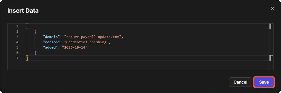 The Insert Data window with one JSON entry for a blocked domain