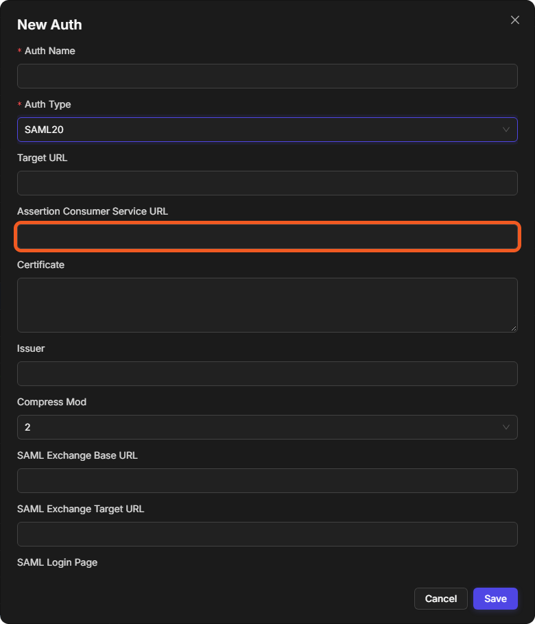 The Assertion Consumer Service URL field of a SAML20 login method in the New Auth dialog