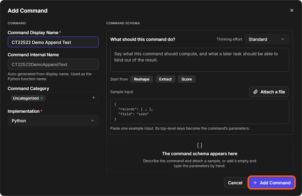 The Add Command window with Command Display Name, the auto-generated Command Internal Name, Command Category and Implementation, and the Command Schema panel