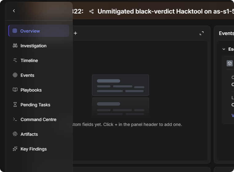 The view rail expanded, listing Overview, Investigation, Timeline, Events, Playbooks, Pending Tasks, Command Centre, Artifacts and Key Findings