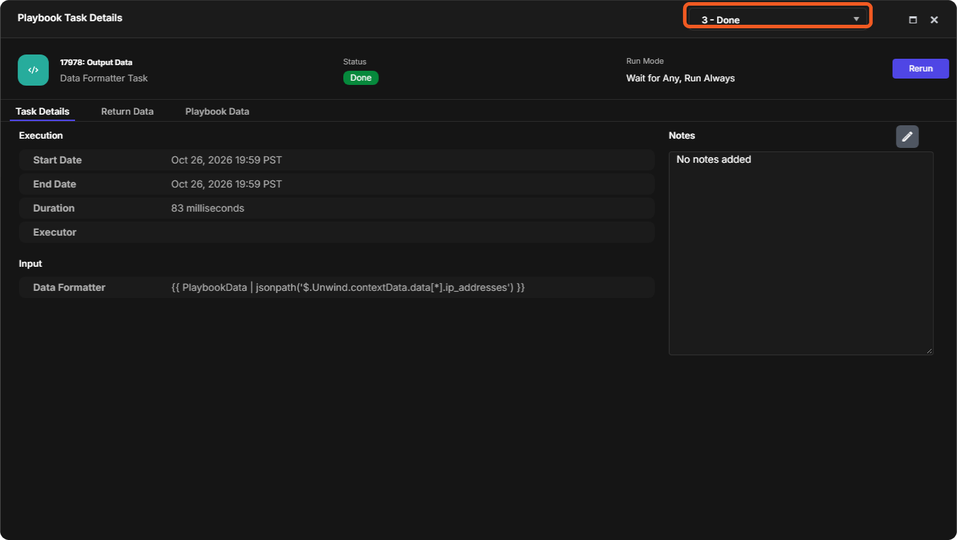Playbook Task Details with the instance dropdown