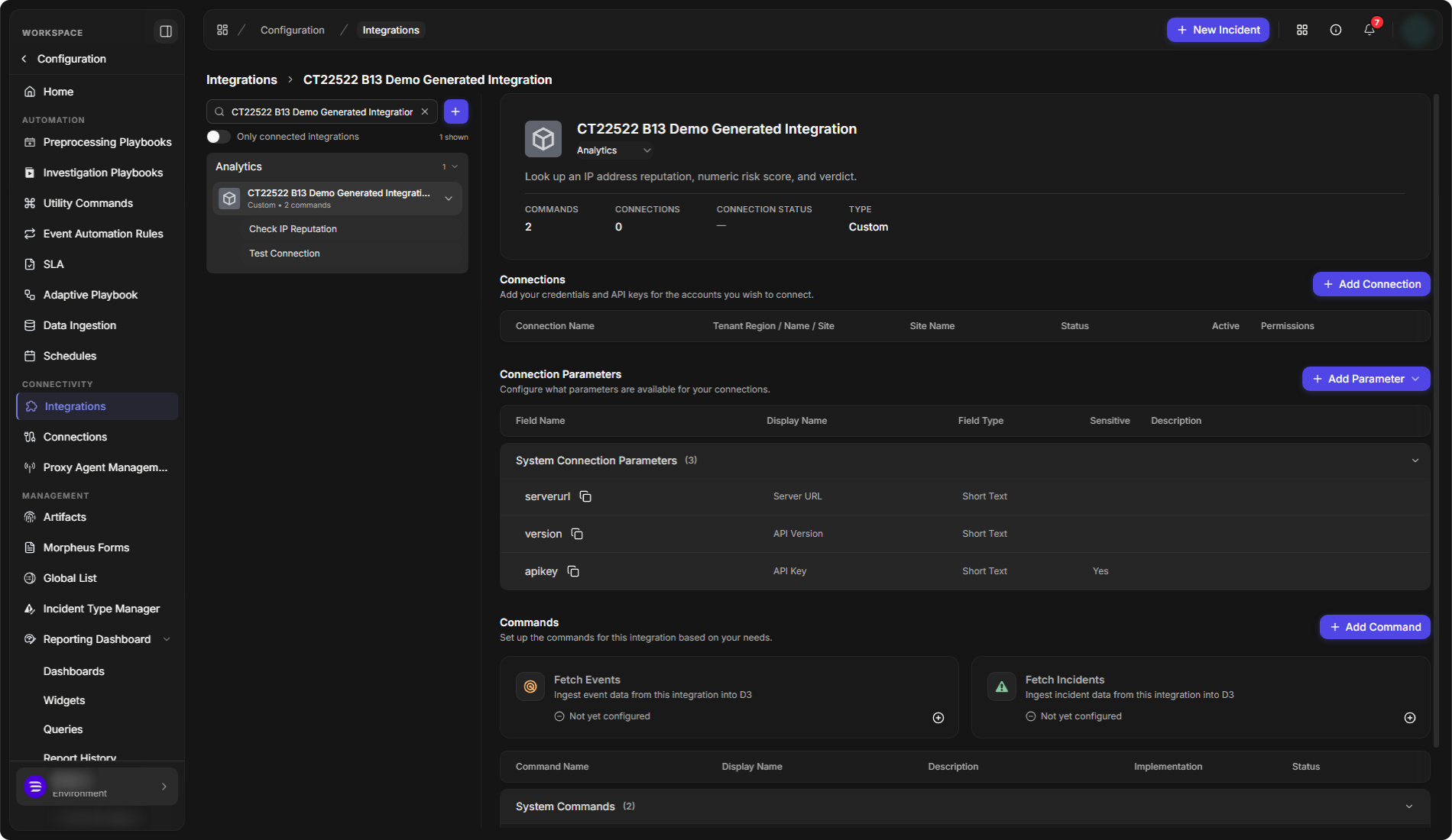 The new custom integration with its generated connection parameters (serverurl, version, apikey) and two commands