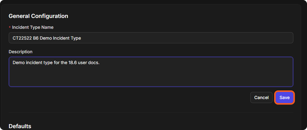 The General Configuration section with a description entered and the Save button highlighted