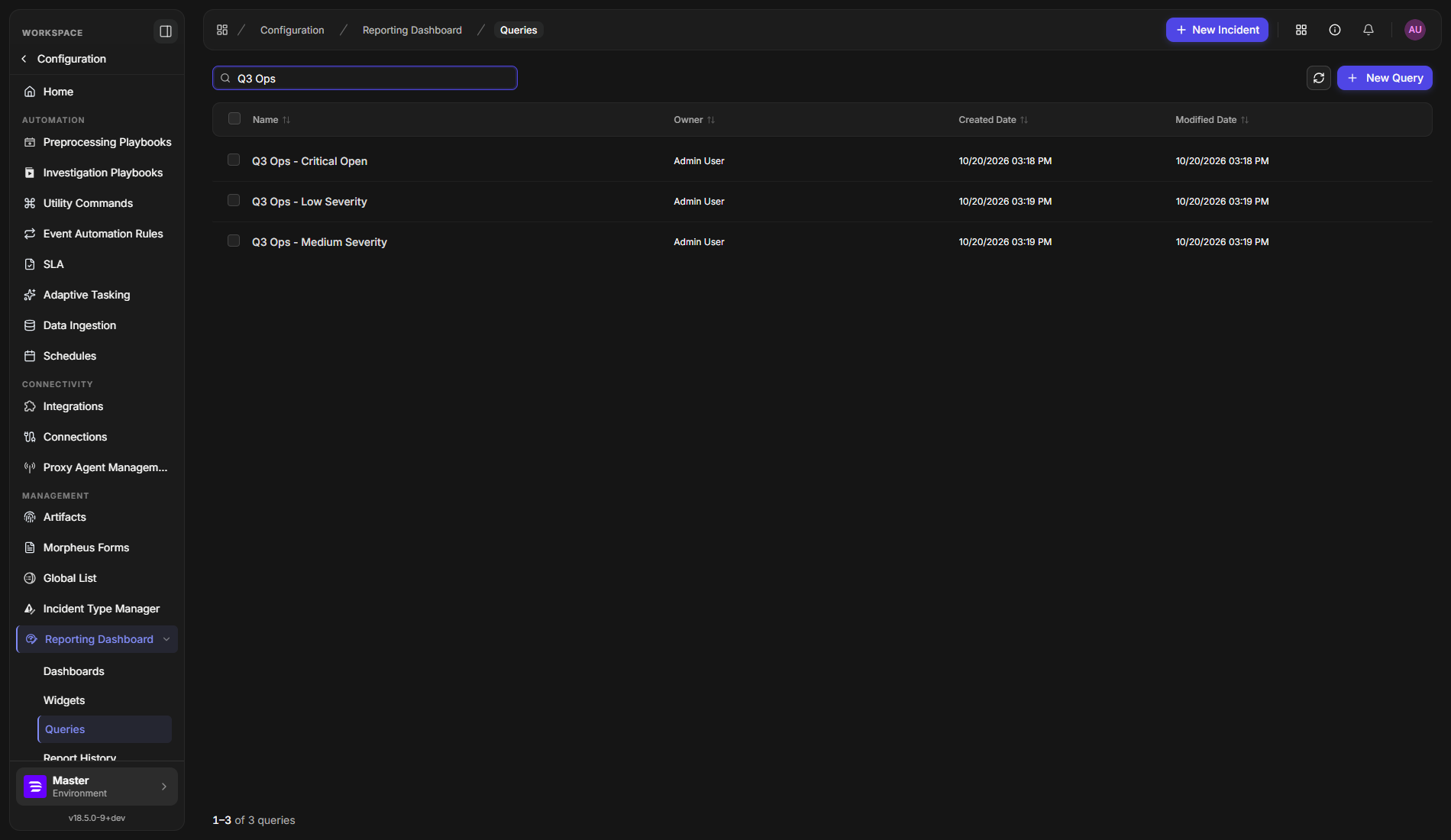 The Queries list with three Q3 Ops queries, each showing its name, owner, created date and modified date
