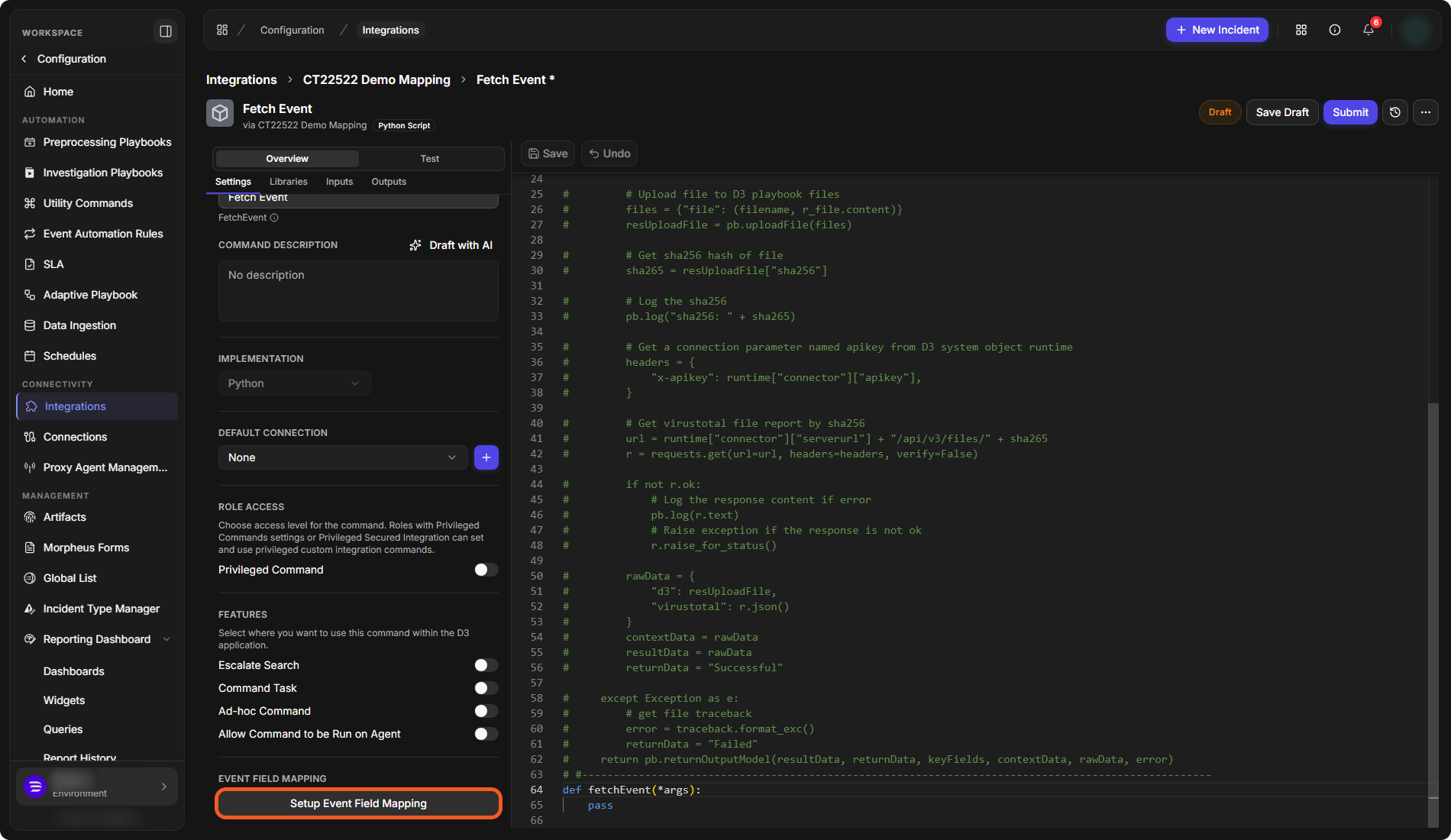 A Fetch Event command's Settings sub-tab, ending with EVENT FIELD MAPPING and the Setup Event Field Mapping button