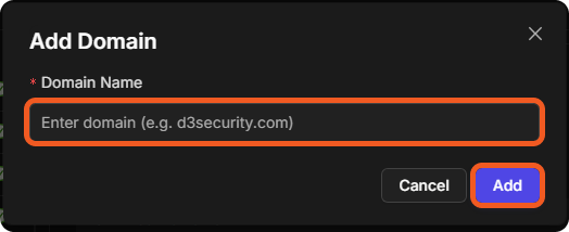 The Add Domain dialog with the Domain Name box and the Cancel and Add buttons