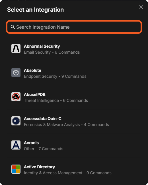 The Select an Integration window with the Search Integration Name box above a list of integrations, each with its category and number of commands