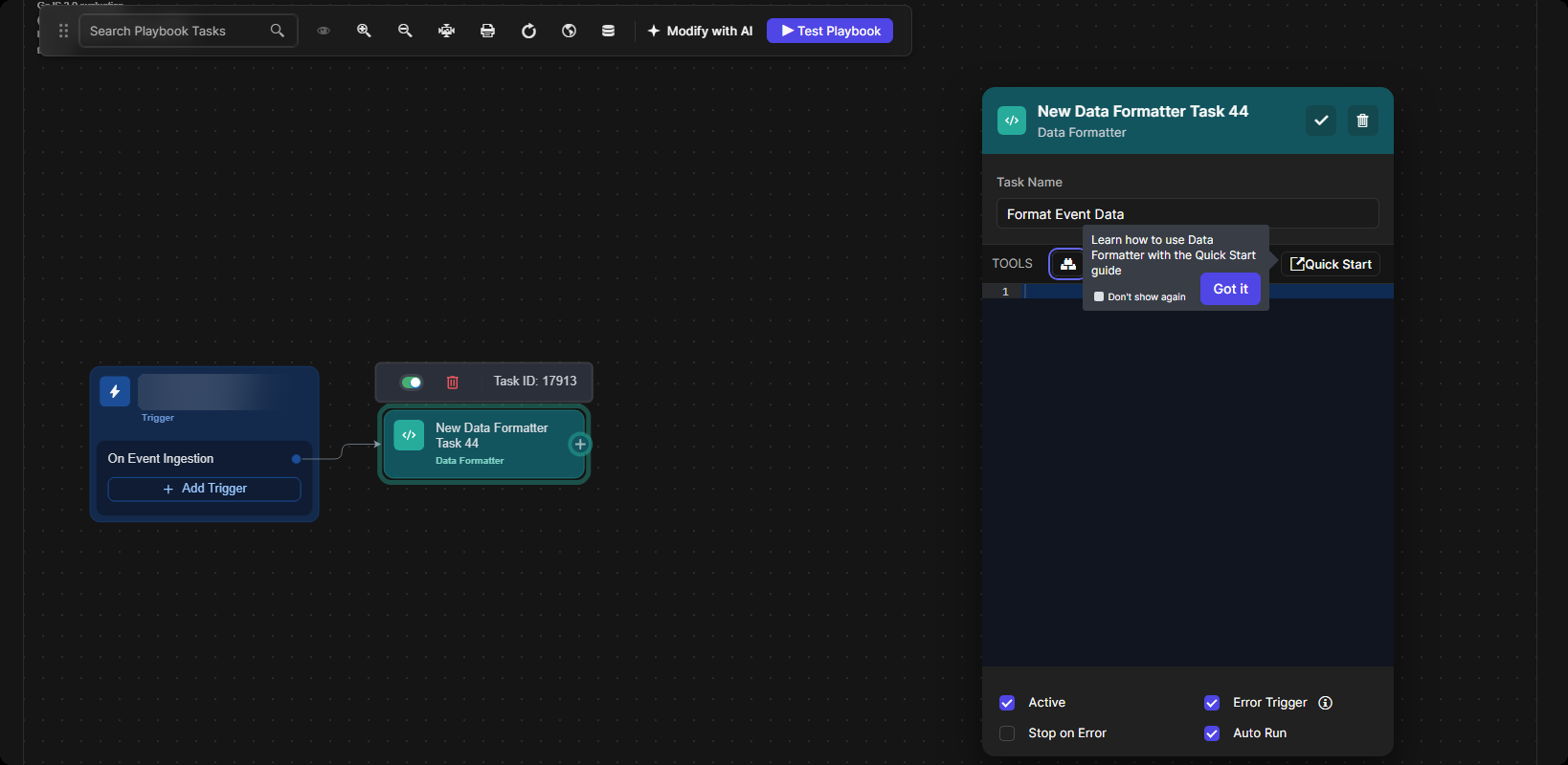 The new Data Formatter task on the canvas and its settings panel with the Task Name Format Event Data