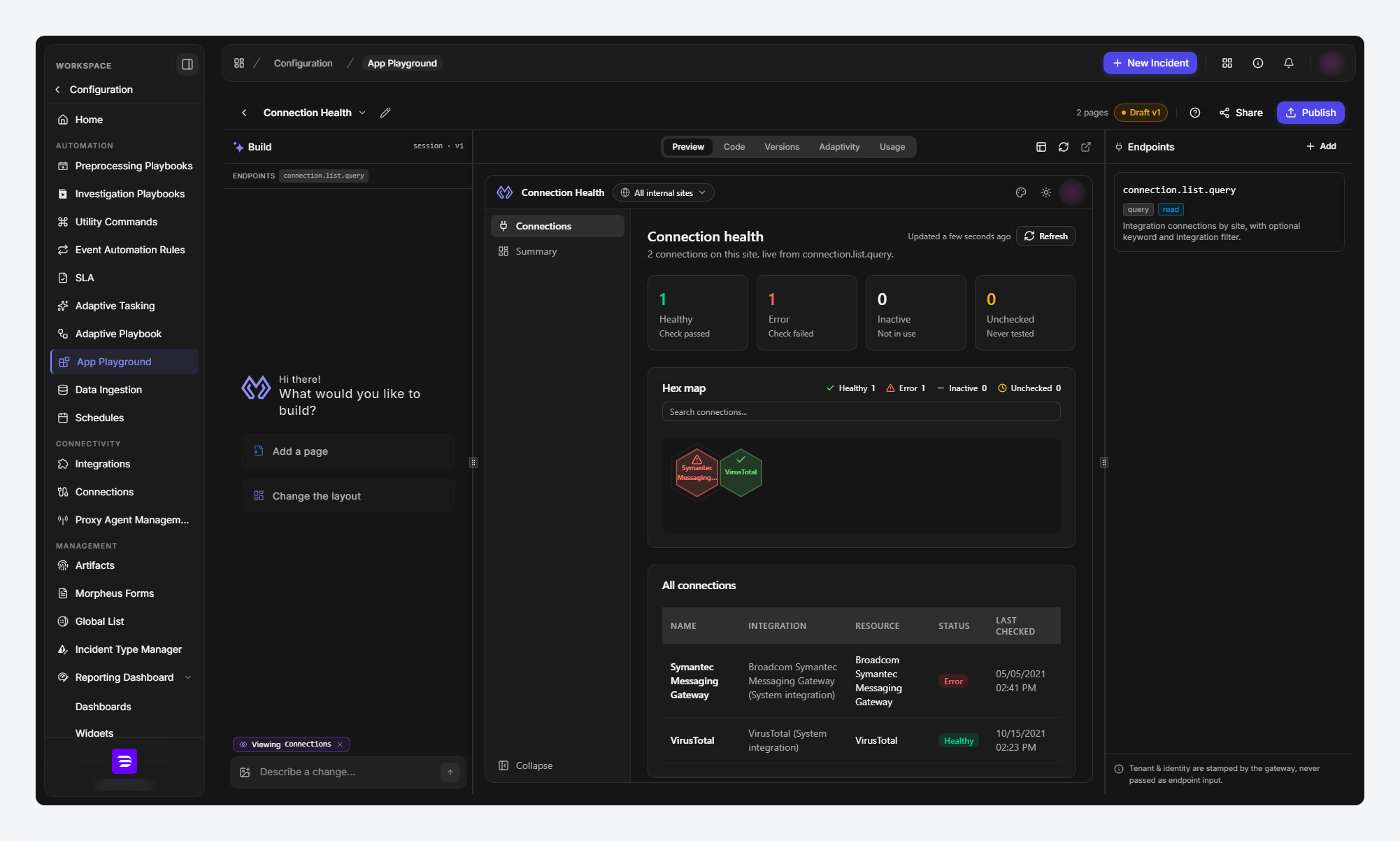 The imported app open in the builder, with its endpoints reconnected