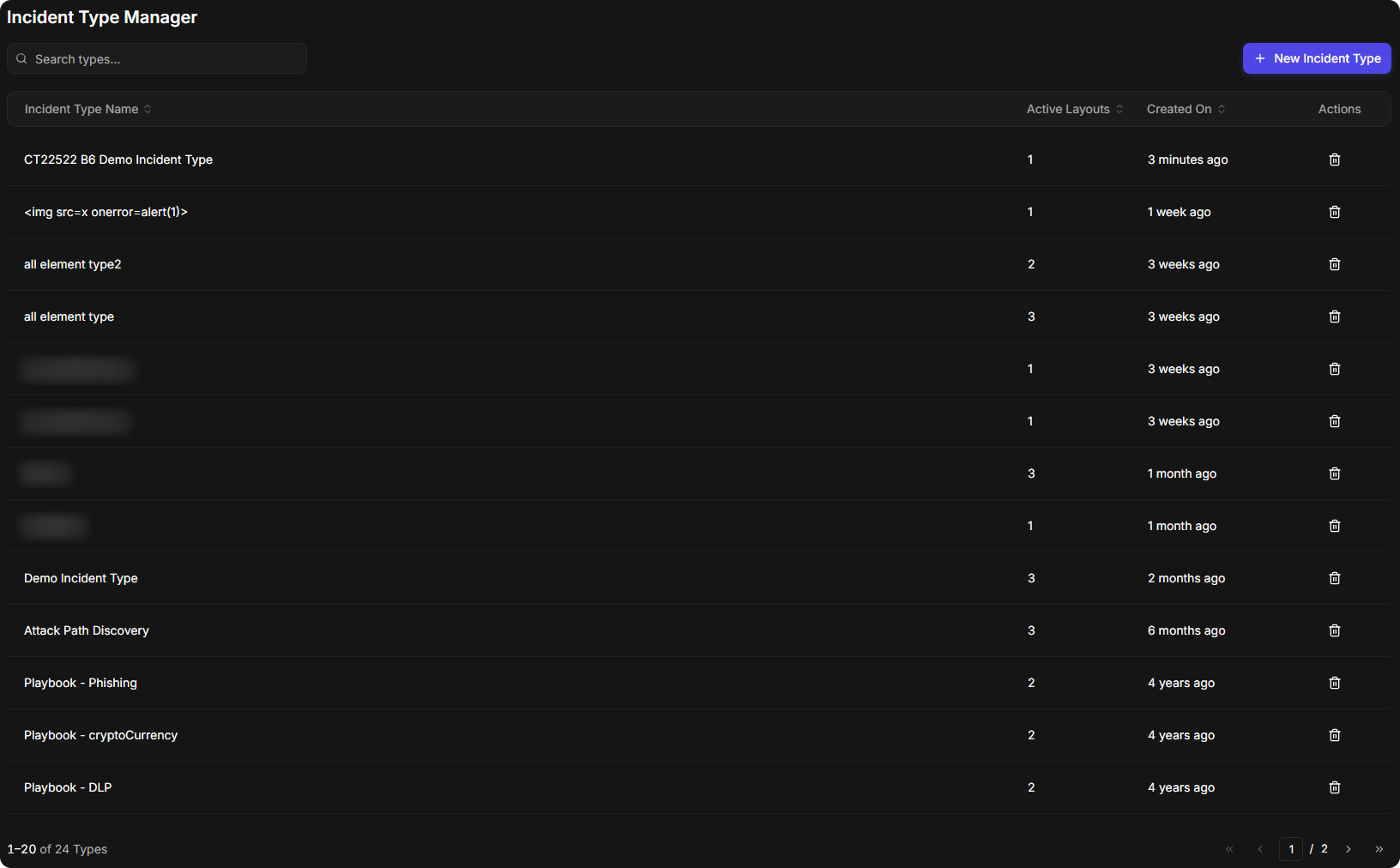 The Incident Type Manager list with the Incident Type Name, Active Layouts, Created On and Actions columns