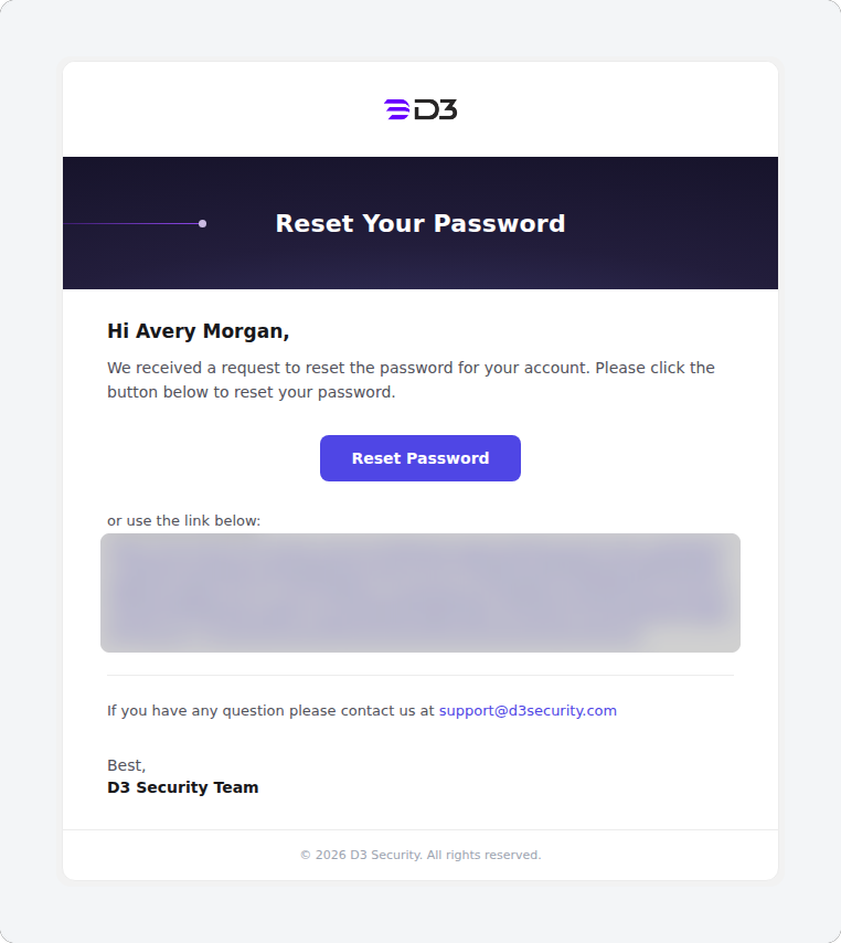The Reset Your Password email addressed to Avery Morgan, with the Reset Password button and the link below it blurred
