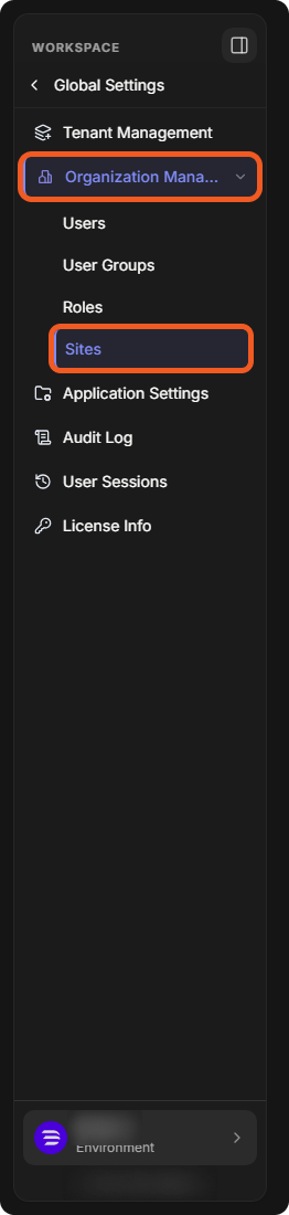 The Global Settings sidebar with Organization Management expanded and Sites selected
