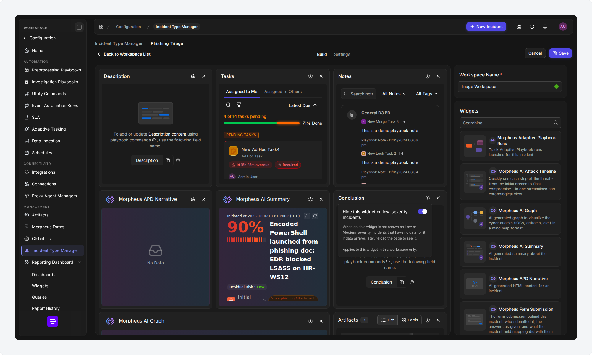 The visibility settings panel open on the Conclusion widget, with Hide this widget on low-severity incidents switched on, the explanation that the widget is not shown on Low or Medium severity incidents that have no data for it, and the note that the setting applies to this widget in this workspace only