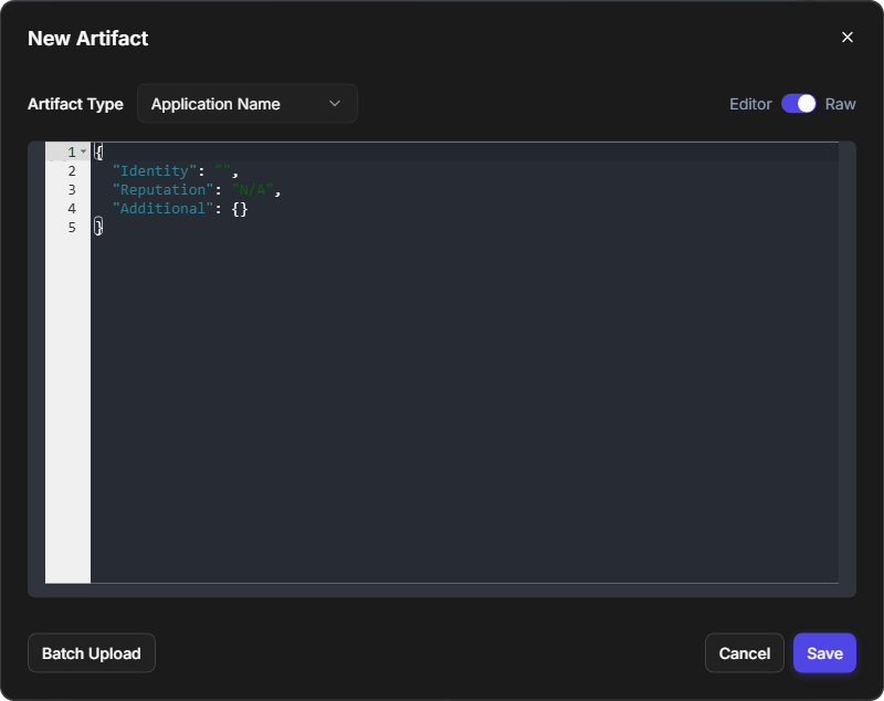 The New Artifact window in Raw view showing the same fields as JSON