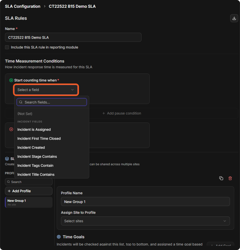 The Start counting time when list open, showing (Not Set) and the incident fields Incident is Assigned, Incident First Time Closed, Incident Created, Incident Stage Contains, Incident Tags Contain and Incident Title Contains