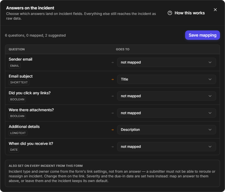 The Answers on the incident window listing six questions with their types; Email subject is suggested for Title and Additional details for Description
