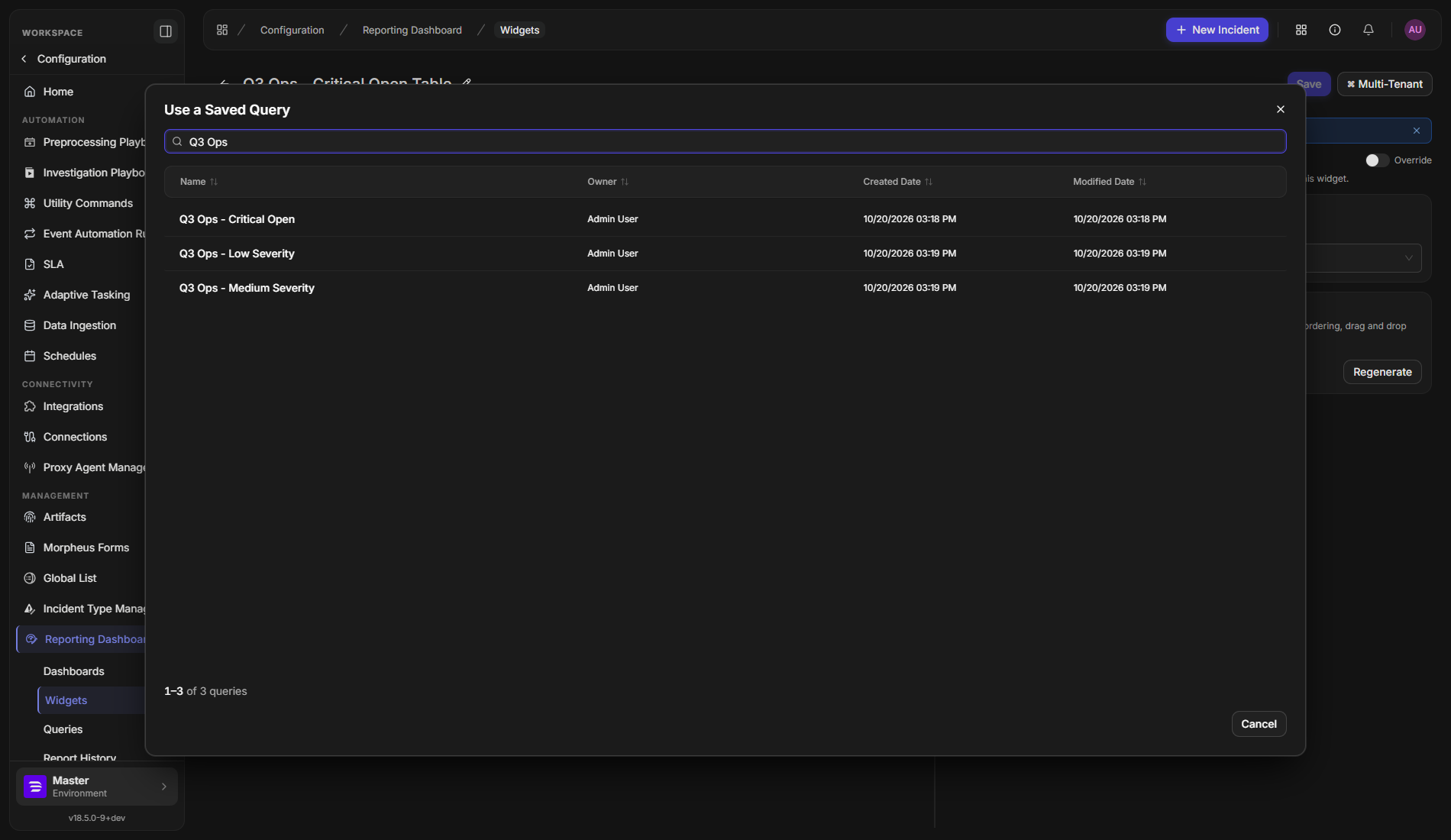 The Use a Saved Query dialog with Q3 Ops in the search box and three matching queries listed