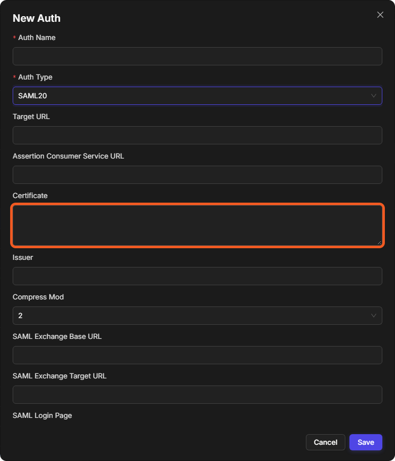 The Certificate field of a SAML20 login method in the New Auth dialog