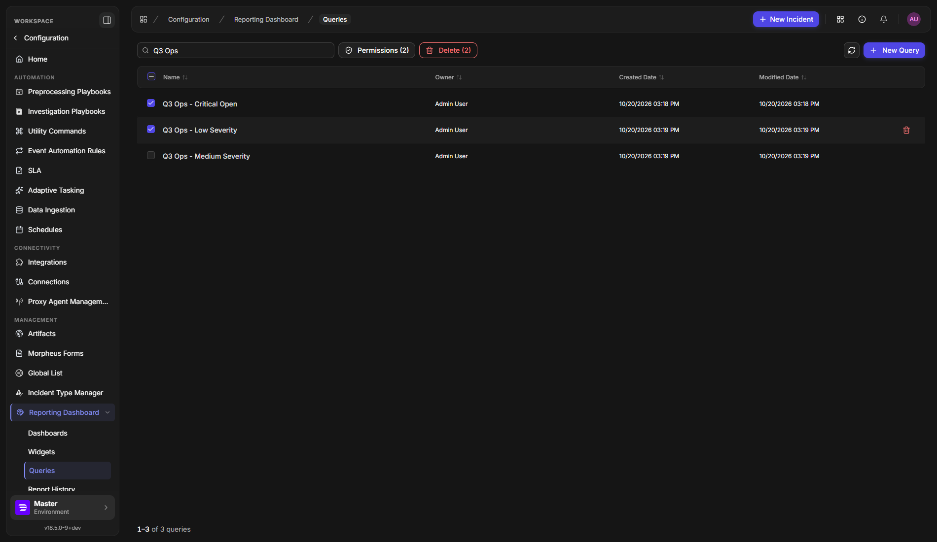 The Queries list with two queries ticked and Permissions (2) and Delete (2) buttons showing in the toolbar