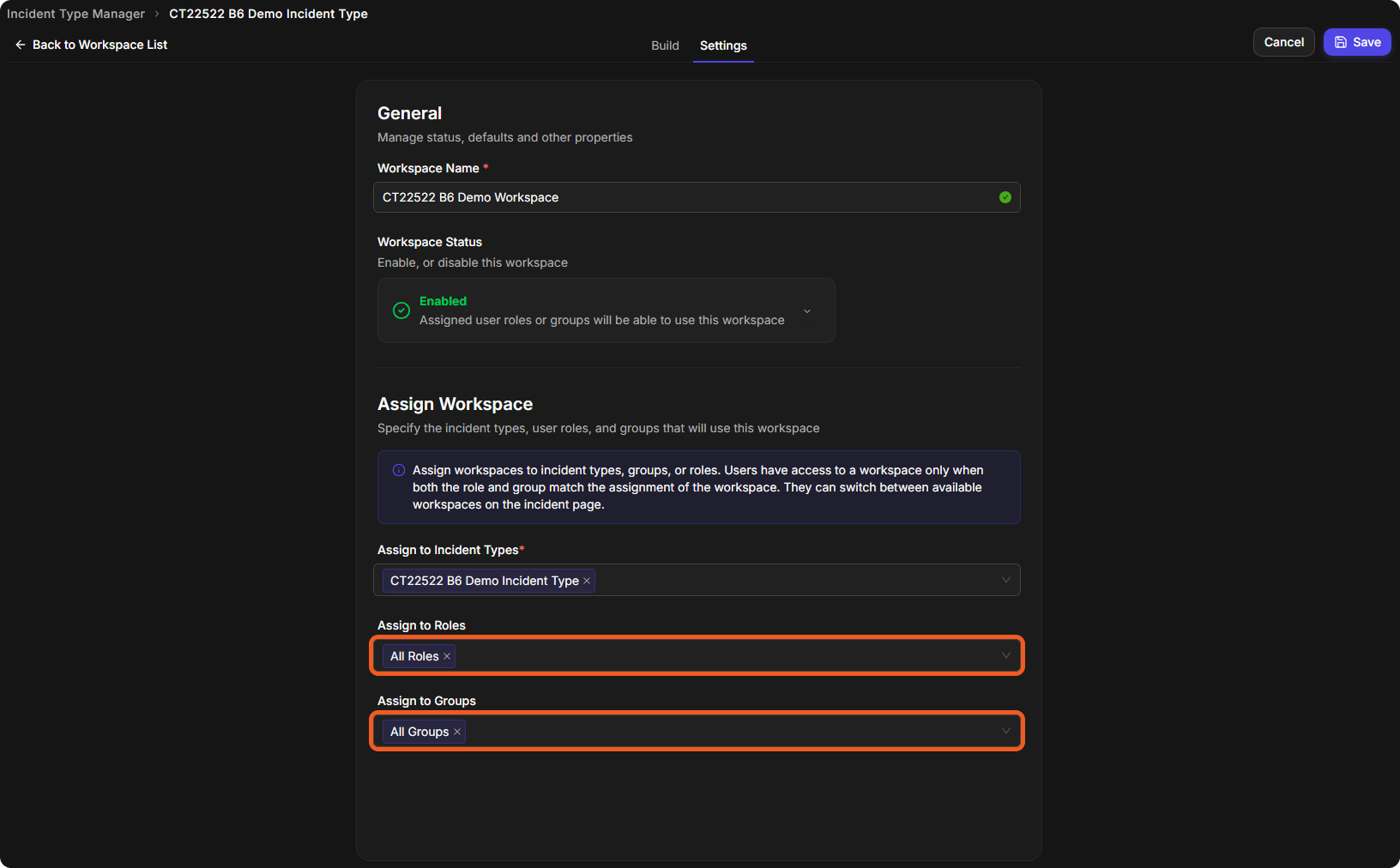 The Settings tab with All Roles and All Groups selected in Assign to Roles and Assign to Groups