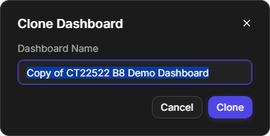The Clone Dashboard window with the Dashboard Name box, Cancel and Clone