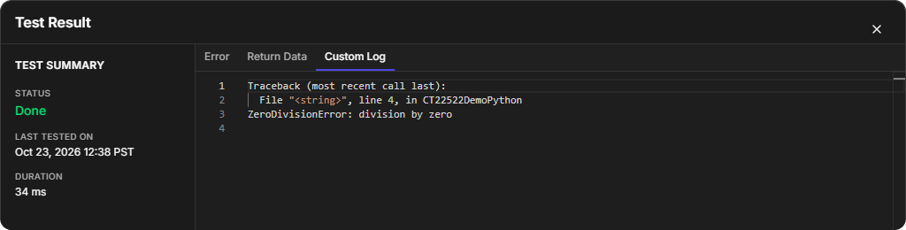 The Custom Log tab showing a ZeroDivisionError traceback that points to line 4 of the script