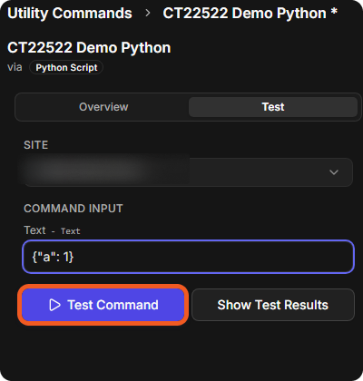 The Test tab of a Python utility command with the Site, the Text input set to a JSON value, and the Test Command and Show Test Results buttons