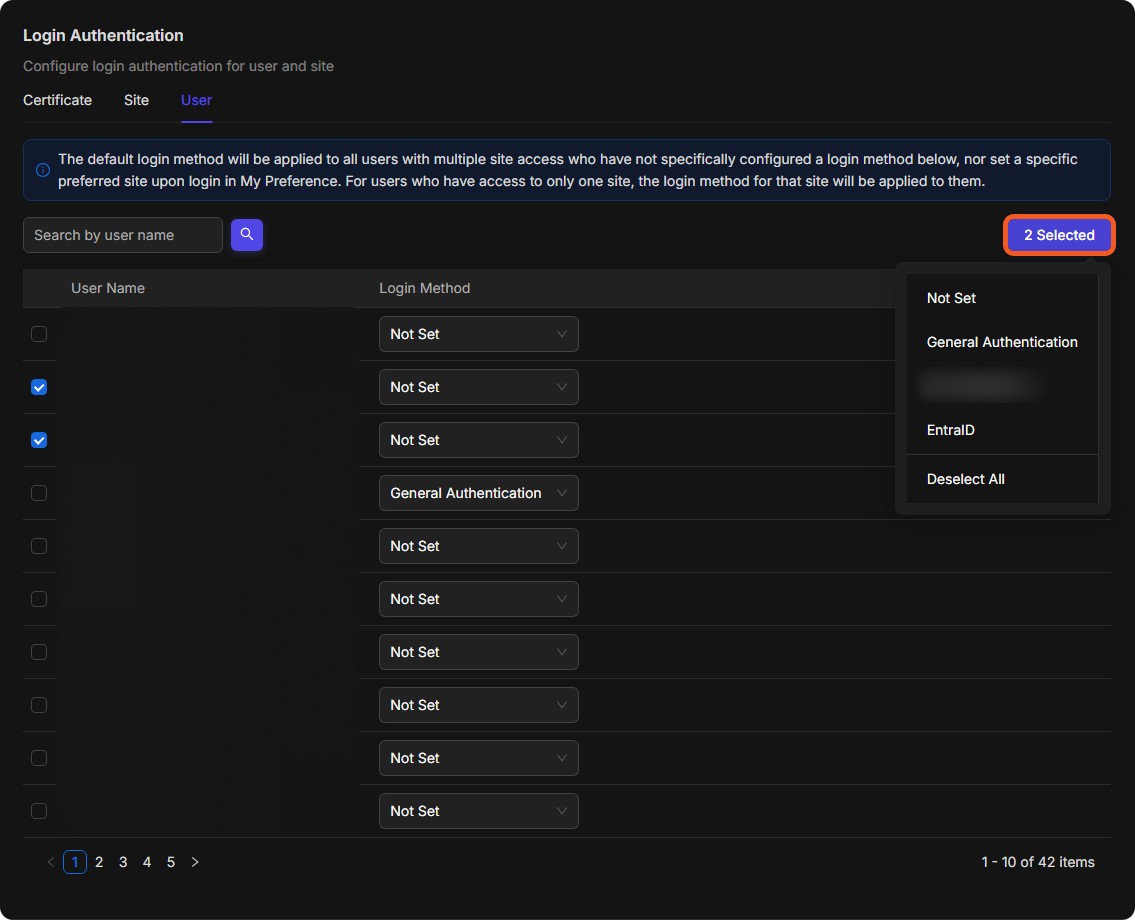 Two users selected on the User tab and the 2 Selected menu open