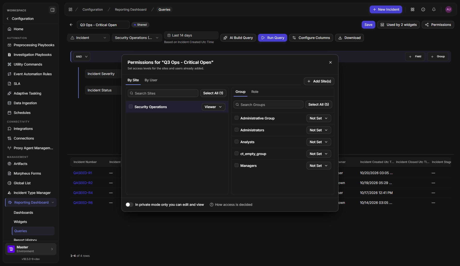 The Permissions dialog on the By Site tab with Security Operations set to Viewer, its groups listed as Not Set, and the private mode switch turned off