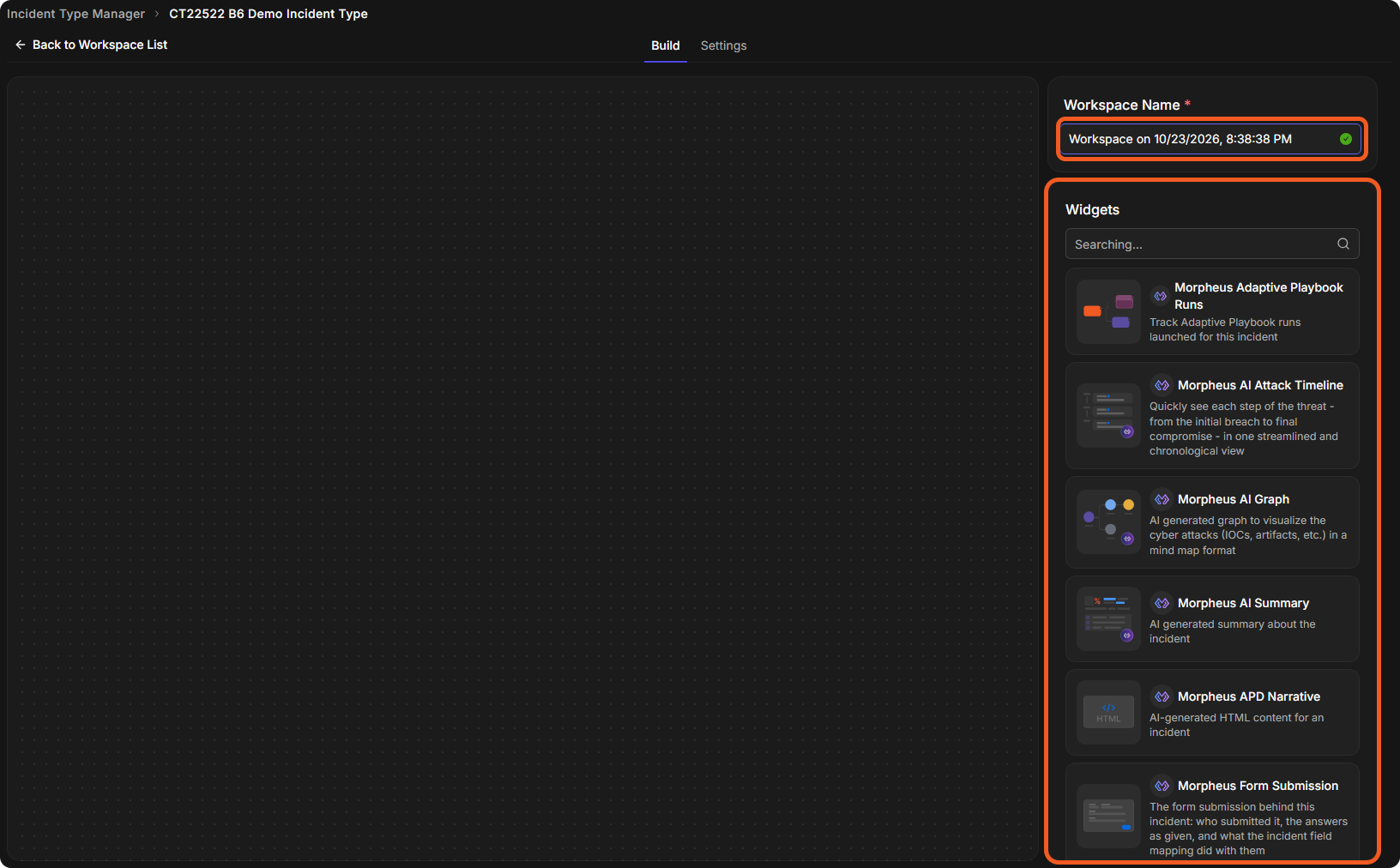 The workspace builder with an empty canvas, the Workspace Name field and the Widgets list highlighted