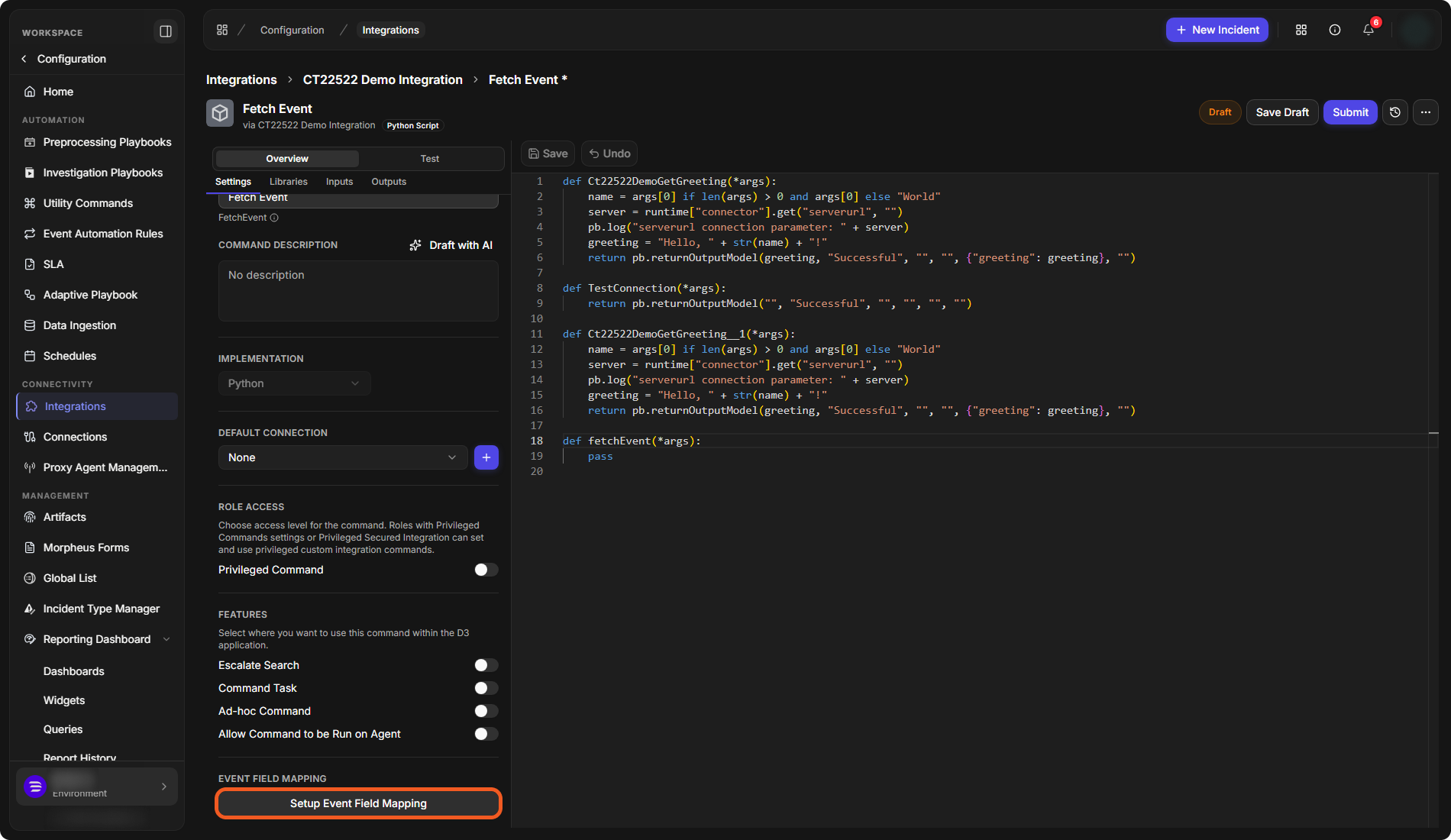 The Fetch Event command's settings with Escalate Search among the features and the Setup Event Field Mapping button