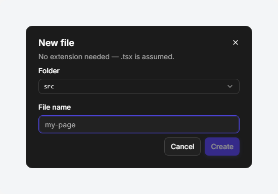 The New file dialog with its folder picker and name field
