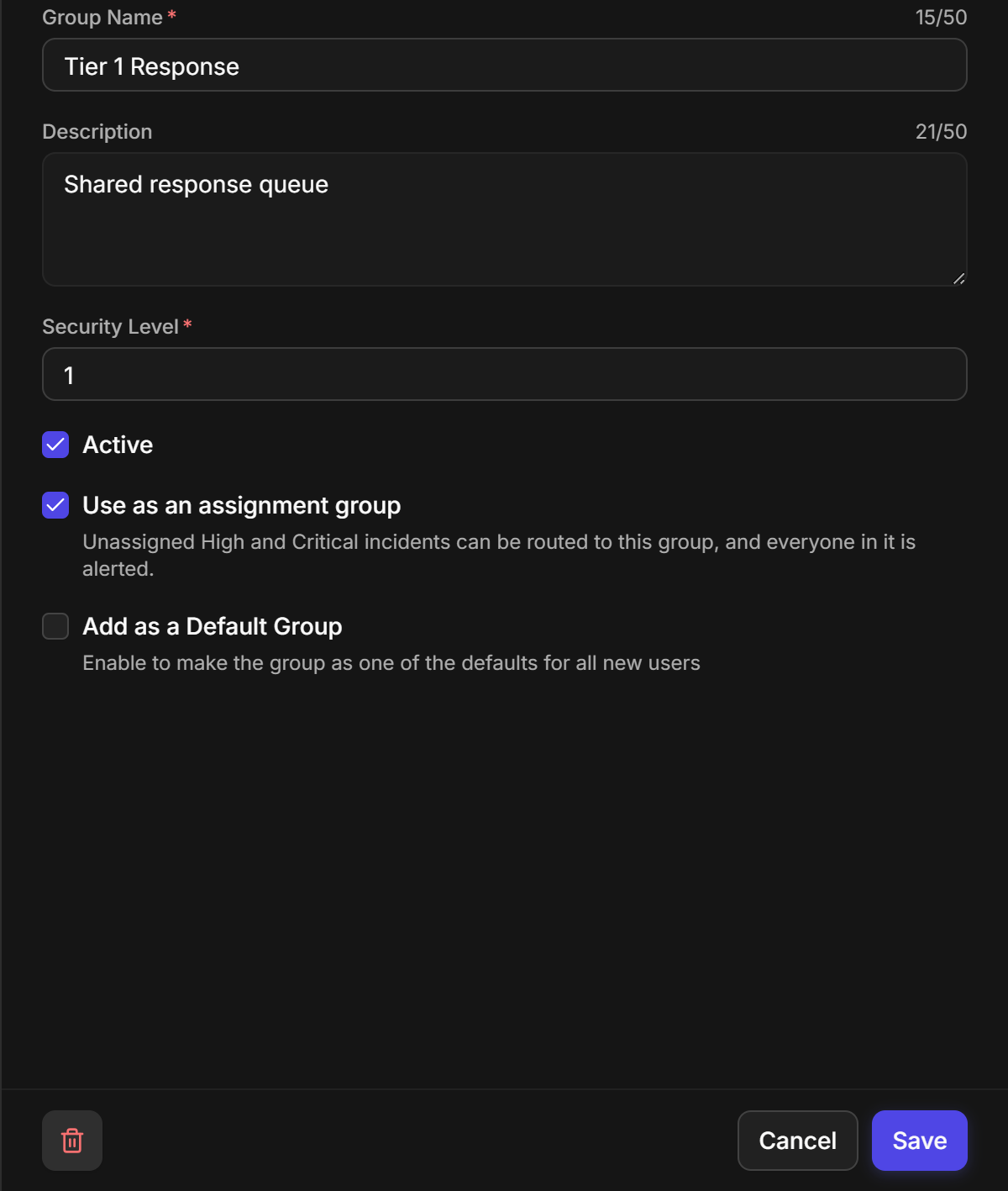The group form for an assignment group named Tier 1 Response, with the Use as an assignment group box ticked