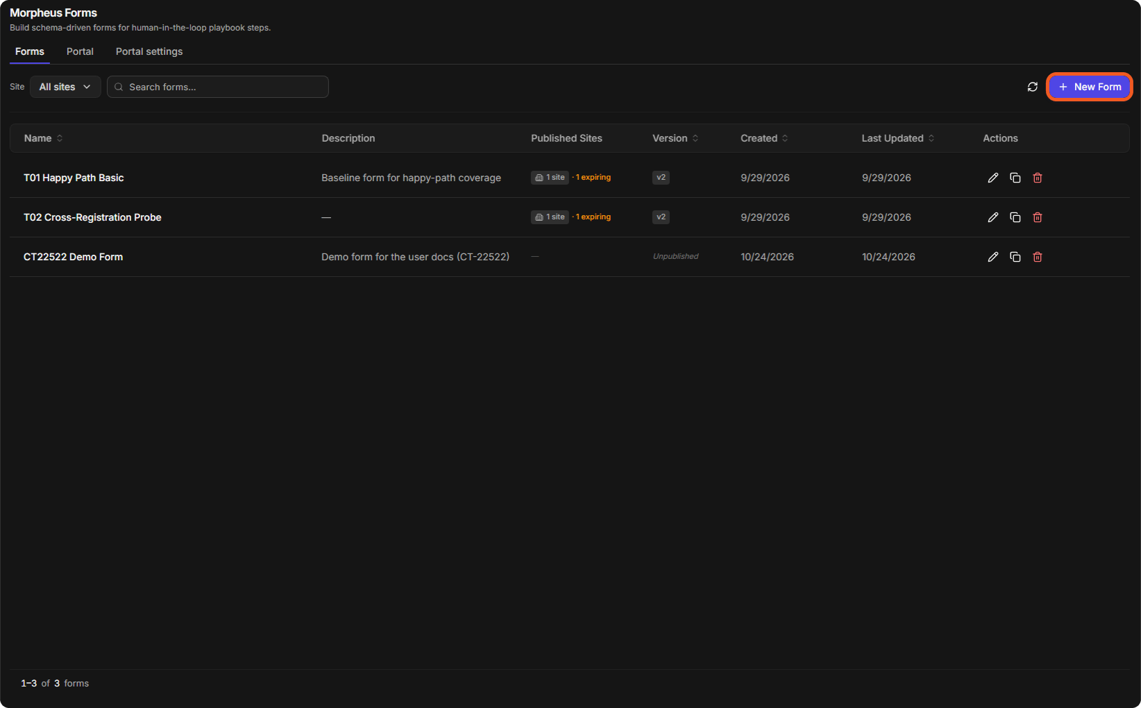 The Forms tab with three forms, the site filter, the search box and the New Form button highlighted