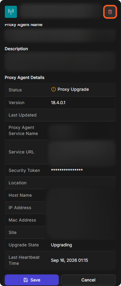 Proxy Agent Details after Configure Agent, with the Delete Agent button at the top right