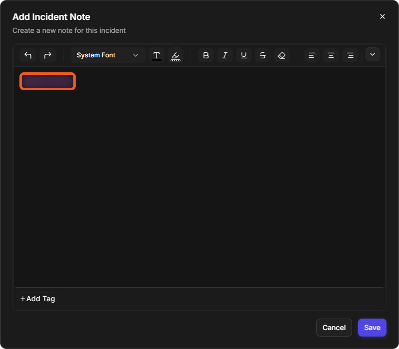 The Add Incident Note window with a mention inserted in the editor, highlighted, and Save