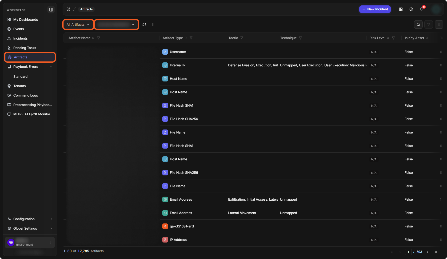 The Artifacts page, opened from the sidebar, with the artifact-type list (All Artifacts) and the site list above the artifact table