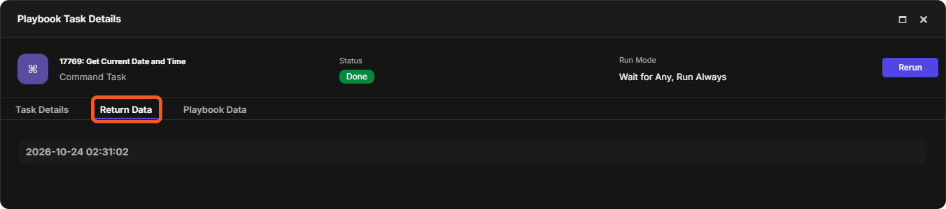 Return Data tab showing the date and time