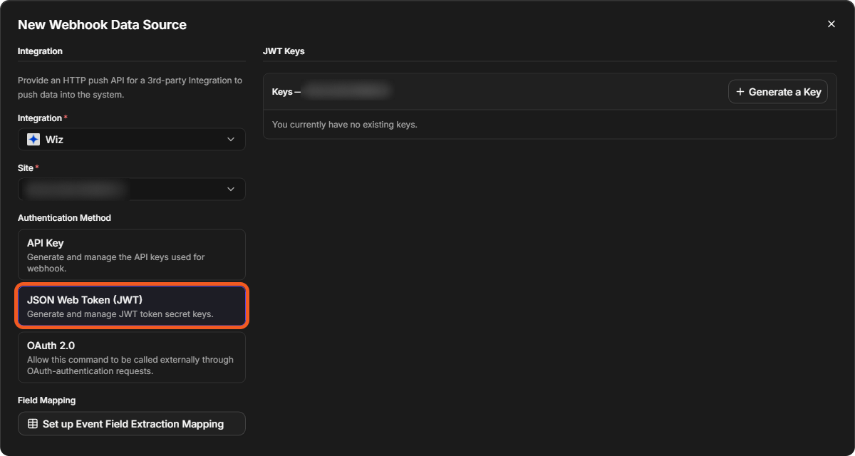The New Webhook Data Source window with an integration and site chosen, JSON Web Token (JWT) selected under Authentication Method, and the JWT Keys panel with Generate a Key