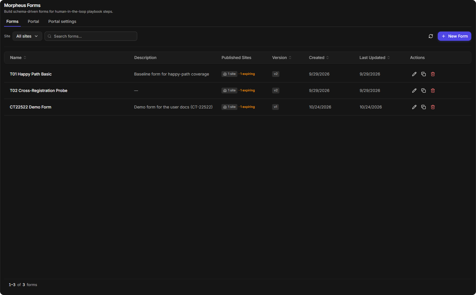 The Forms list with the published form showing 1 site, 1 expiring and v1