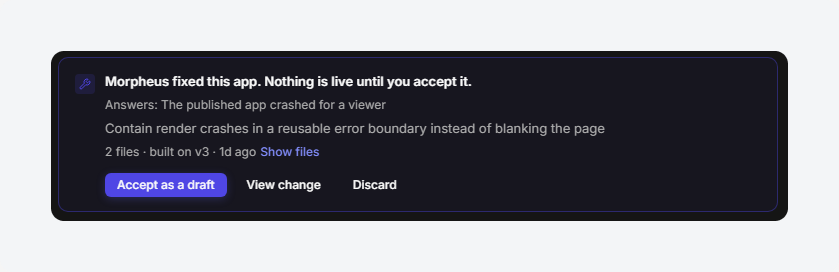 A proposed fix card with the finding it answers and the Accept, View change and Discard controls