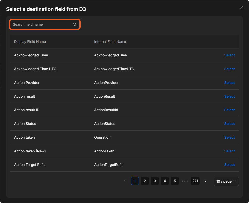 The Select a destination field from D3 window with Search field name, the Display Field Name and Internal Field Name columns, Select links and the page controls