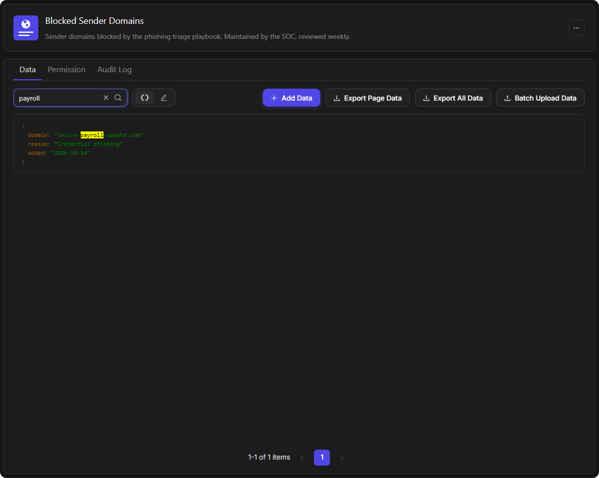 The Data tab filtered by Search JSON value to the one entry containing payroll, with the match highlighted