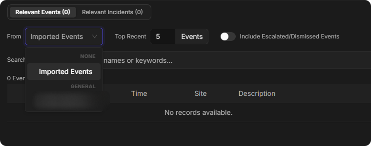 The From list open with Imported Events and the event sources below it