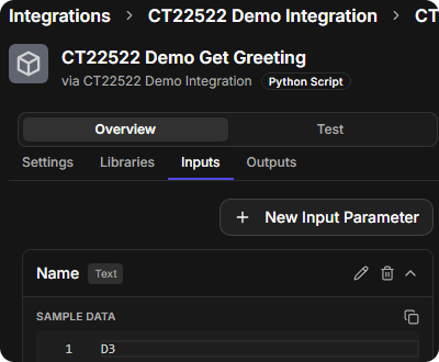 The Inputs sub-tab listing the Name parameter of type Text with its sample data