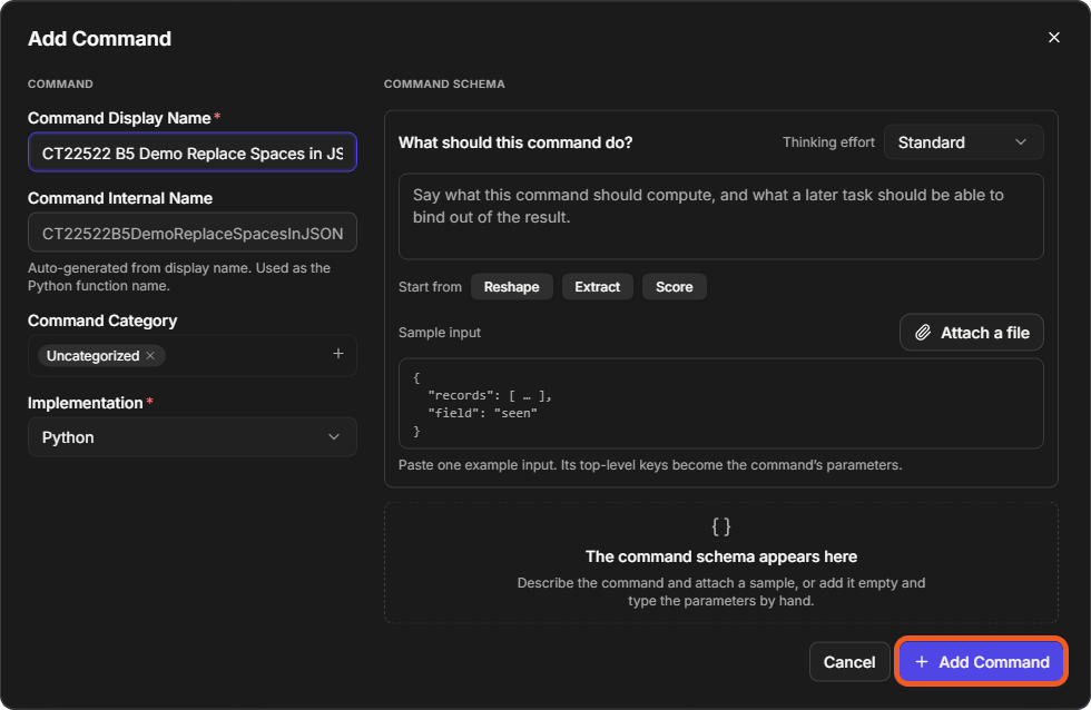 The Add Command window with the Command Display Name filled in, the generated Command Internal Name, Command Category Uncategorized and Implementation Python