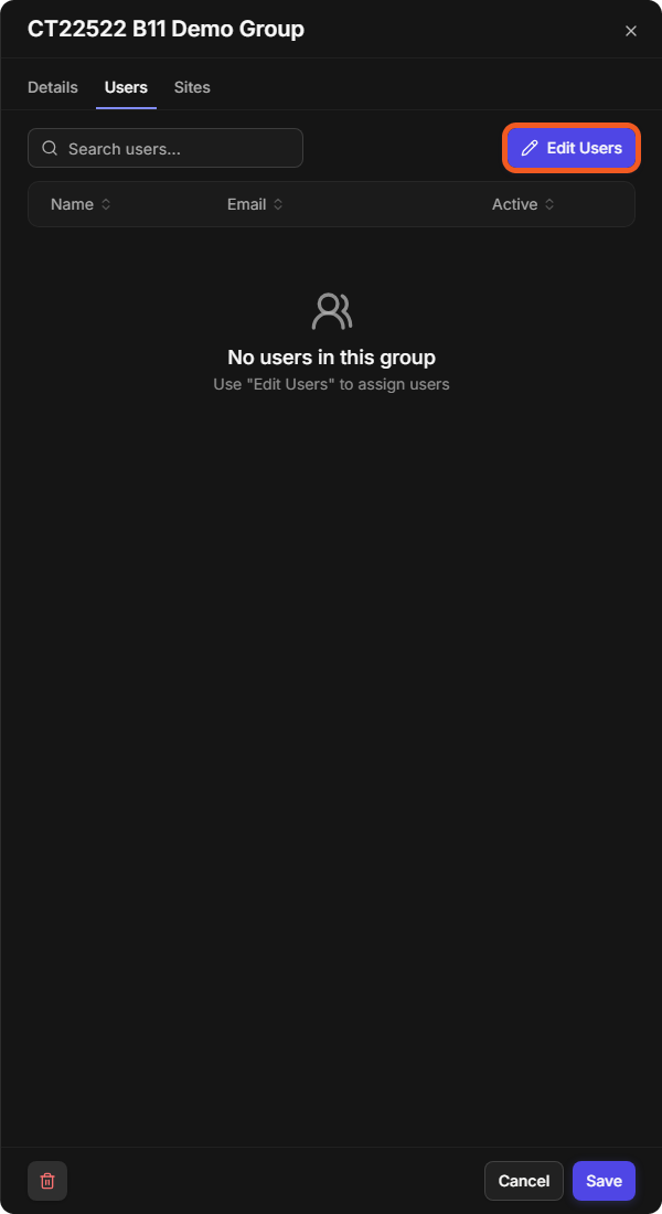 A group's Users tab with no users yet and the Edit Users button