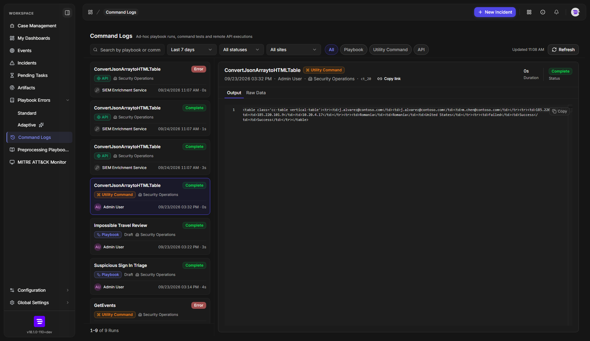 Command Logs showing the last 7 days of playbook, utility command, and API runs on the left, with a selected utility command test's output on the right